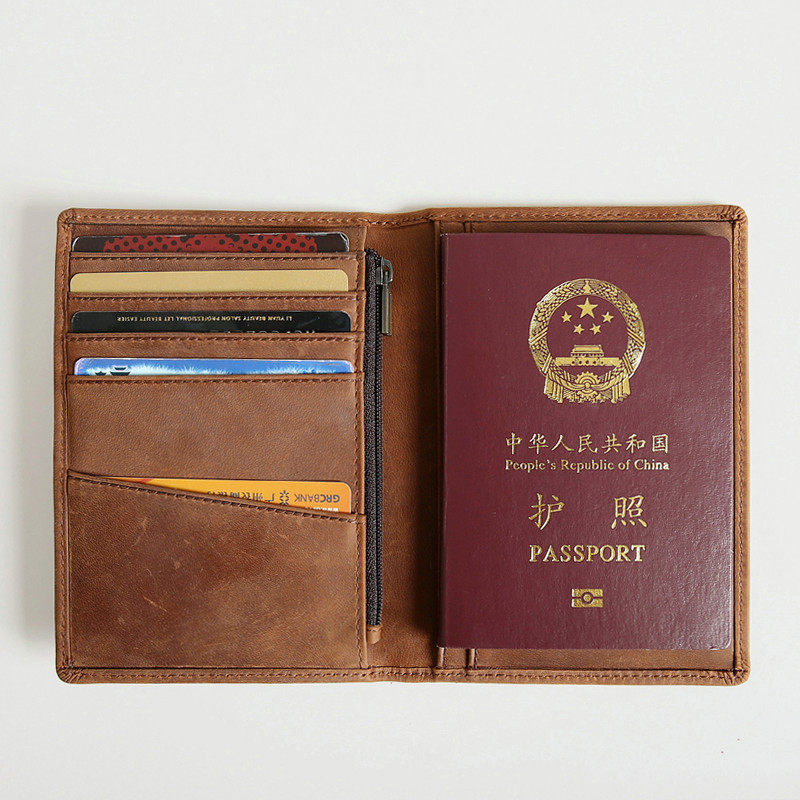 Original retro headlayer cow leather mid-length version Passport clip men's genuine leather medium long version card bag female passport holder document package