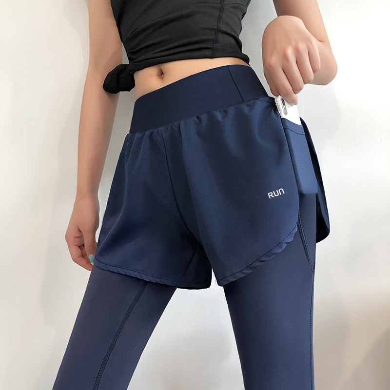 Yoga pants women's autumn and winter fitness trousers high waist lifting hip tight belly running training outside wearing fake two pieces of sports pants