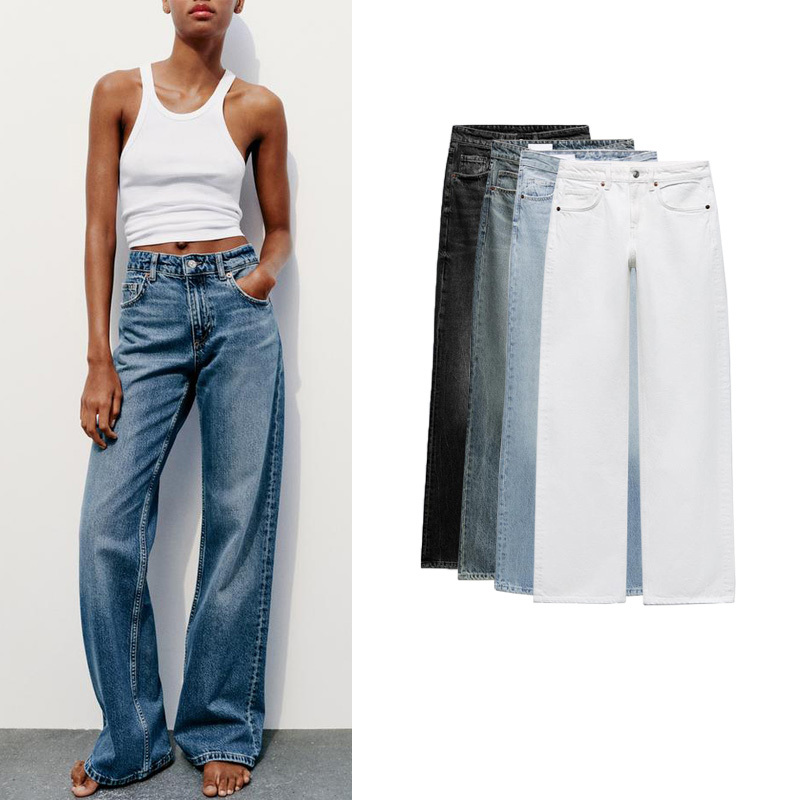 Women's New French Retro Boyfriend Style Casual and Versatile Wide-Leg Mid-Waist Long Jeans 6688034