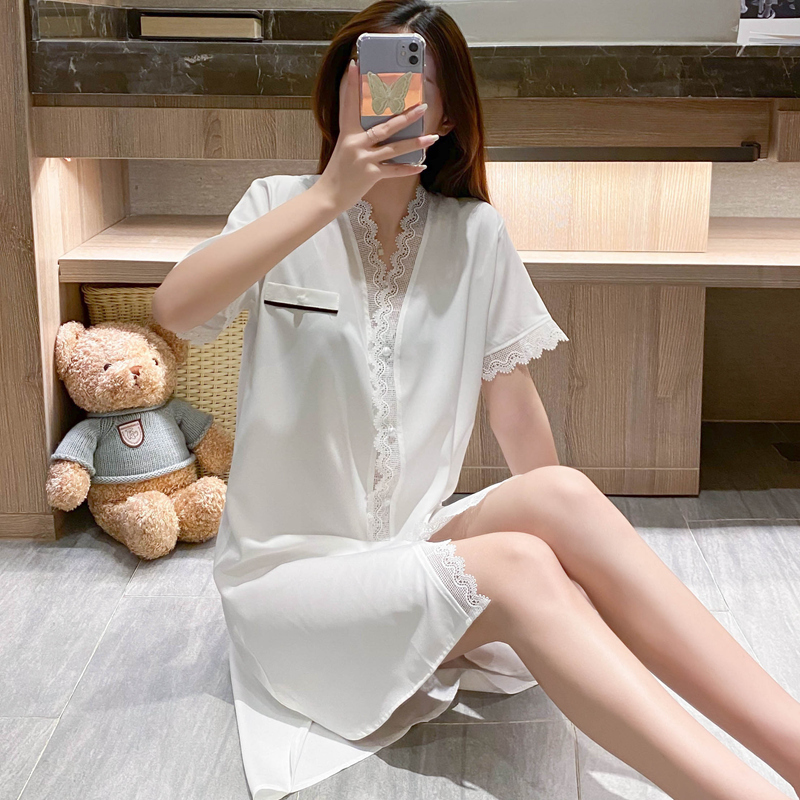 New Pajamas for Women Summer Lace Sexy White Shirt Nightgown Mid-Length High-End Can Be Worn Outside Home Clothes New Pajamas for Women Summer Lace Sexy White Shirt Nightgown Mid-Length High-End Can Be Worn Outside Home Clothes