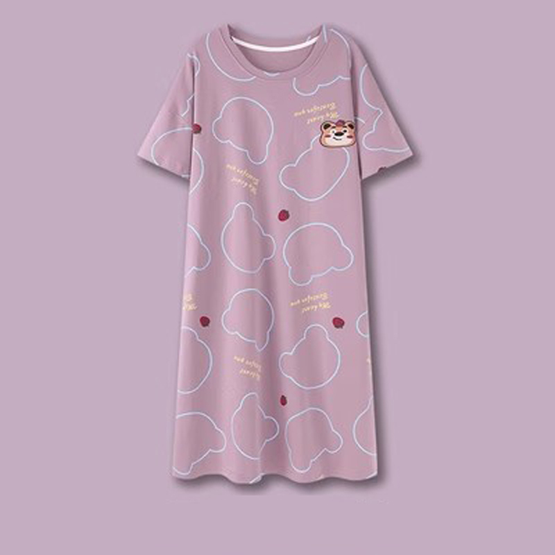 Nightgown for Women, Summer Style, Cotton Short-Sleeved, Cute Cartoon, Mid-Length Home Wear, Thin, Large Size, Can Be Worn Outside, Dress