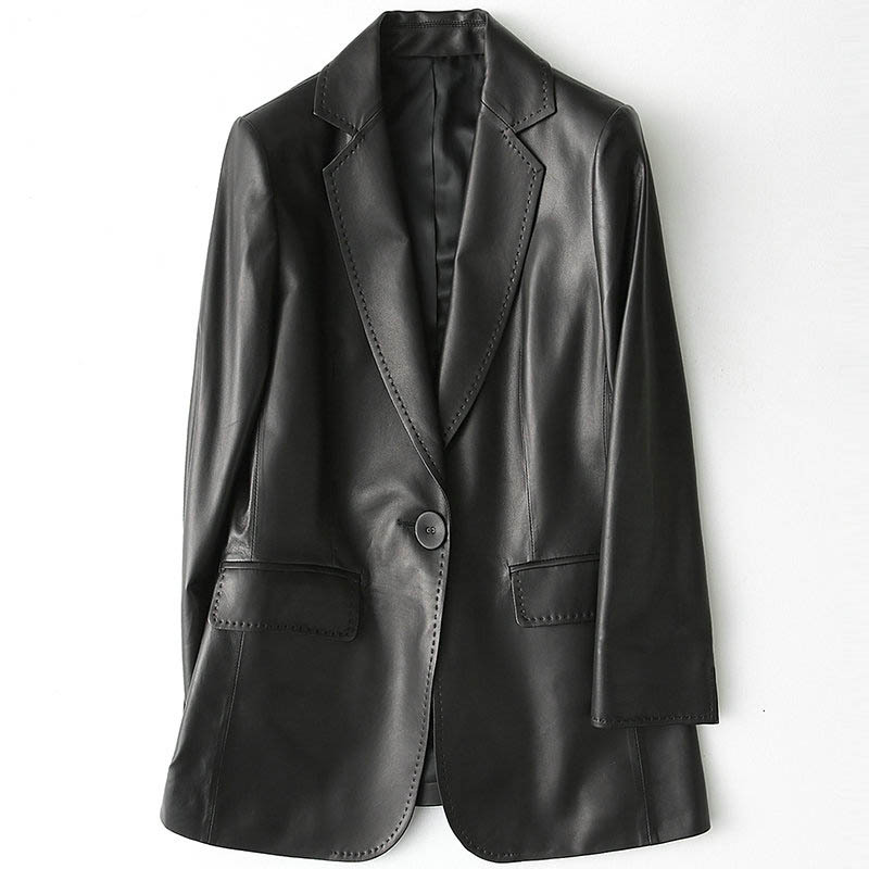 2026 Spring and Autumn New Haining Genuine Leather Jacket for Women, Fashionable Sheepskin Slim Fit Suit, Mid-Length Jacket Coat