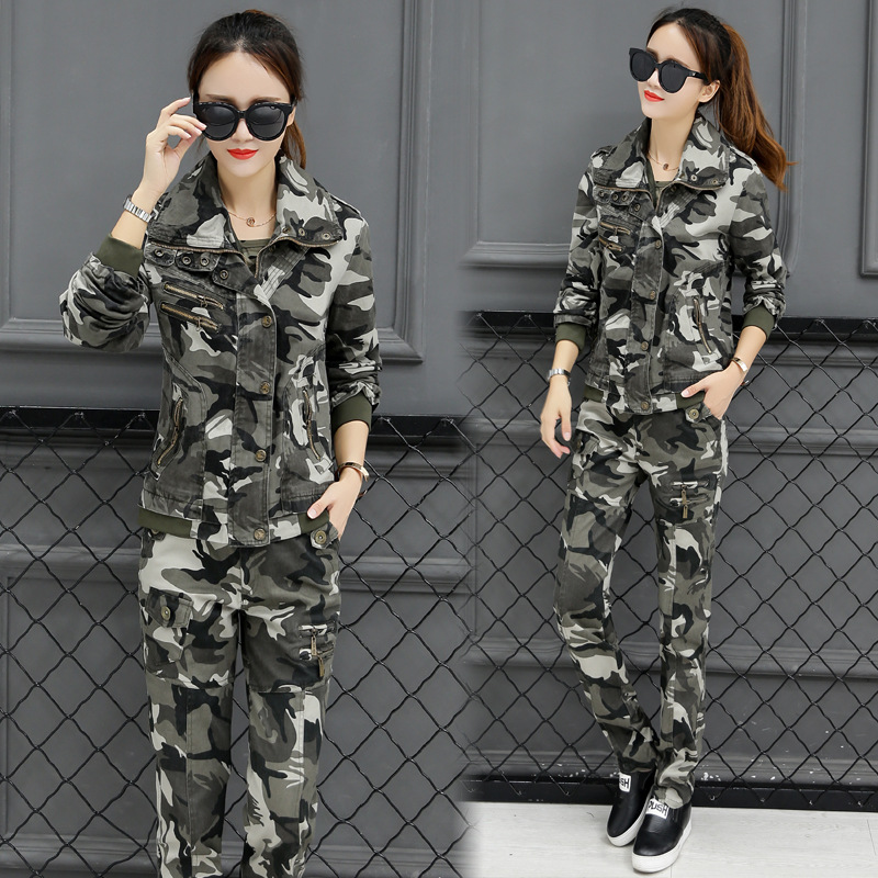 Camouflage suit female two-piece coat trousers repair slim cotton autumn new product clothing