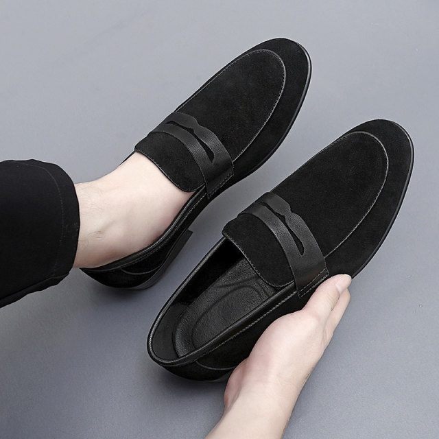 2024 Spring New Slip-On Lazy Beanie Shoes Men's British Pointed Toe Casual Shoes Suede Leather Loaf Trendy Shoes