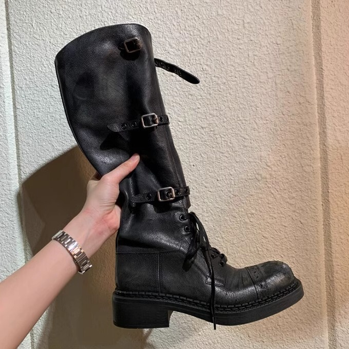 Cowhide Version~Special Offer A-Miu Fashionable Leather Buckle Retro Chunky Heel Mid-High Tube Riding Boots Women's Martin Short Boots