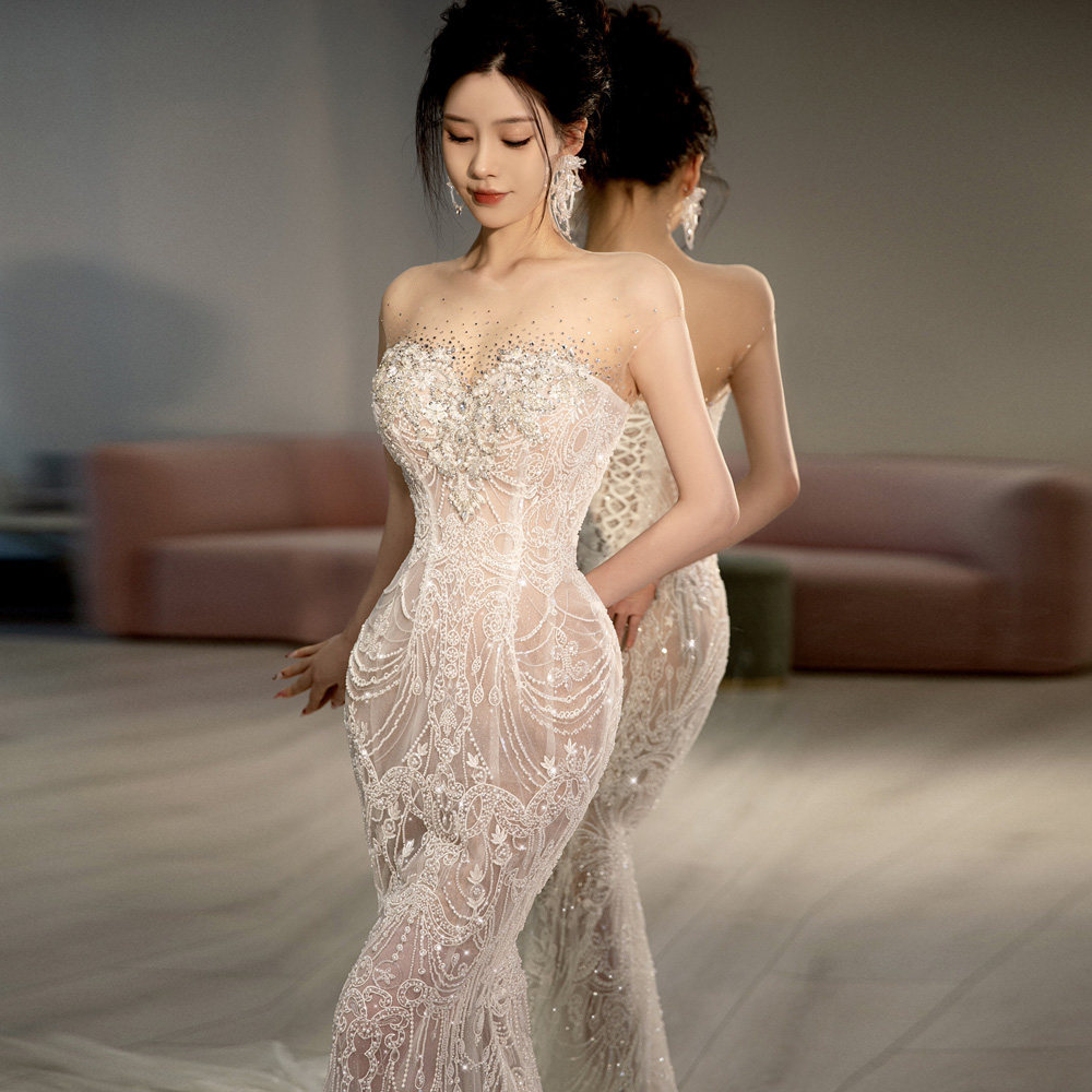 French dress fishtail light main wedding dress retro 2024 new forest style tube top bridal veil luxury