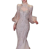 French long-sleeved dress high-end retro lace light wedding dress fishtail skirt trailing bride forest style female autumn and winter luxury
