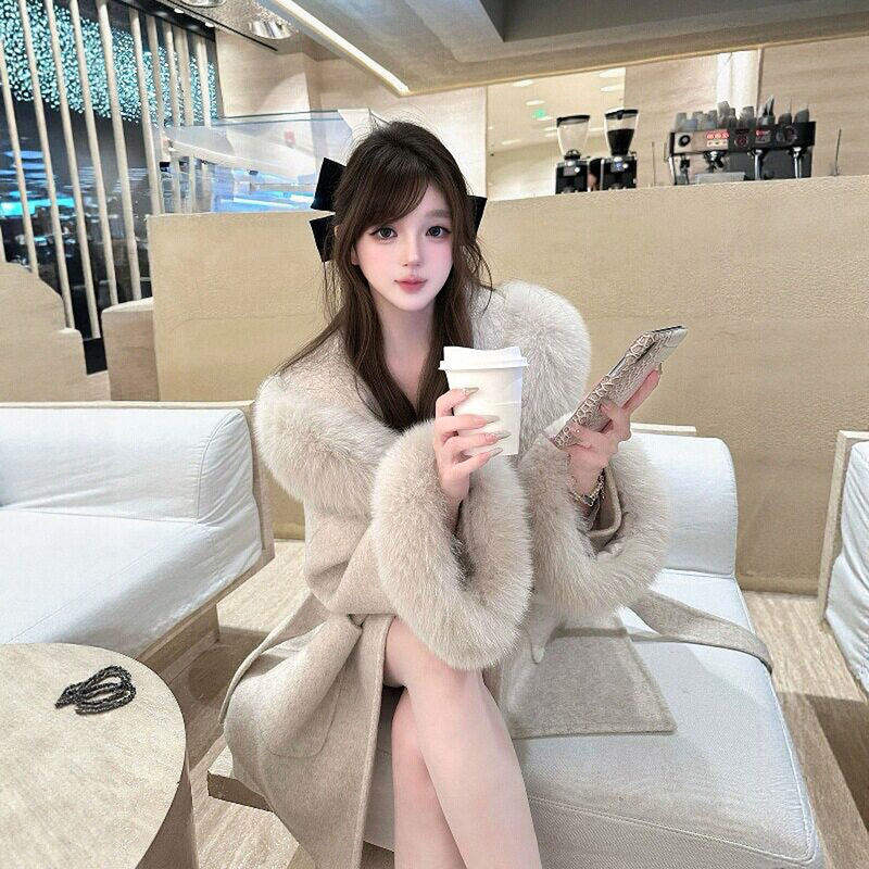 Fox Fur Large Fur Collar Double-Sided Cashmere Coat for Women 2026 Winter New High-End Petite Woolen Coat