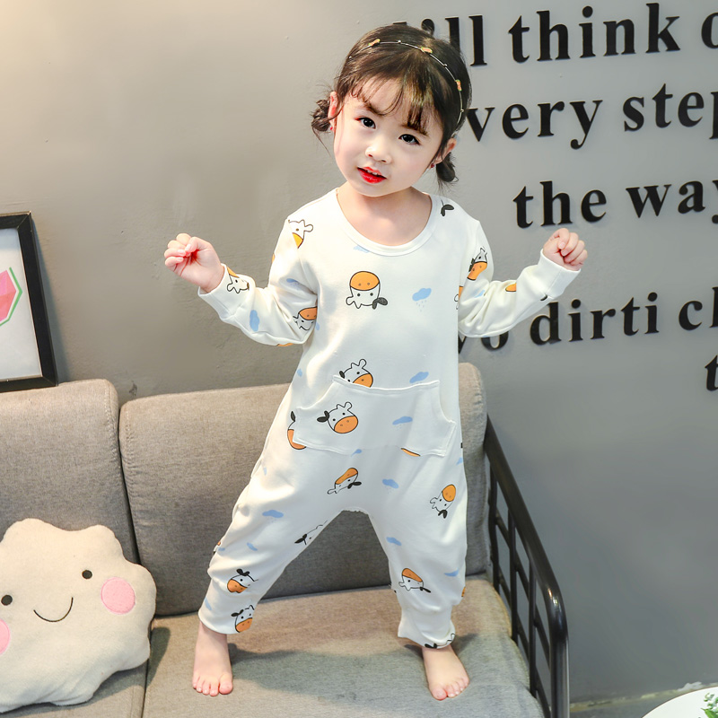 Cô gái jumpsuitlong bé mùa xuân dài tay và mùa hè mỏng trẻ em bụng trẻ em điều hòa không khí đá bảo vệ quần áo bông quần áo.