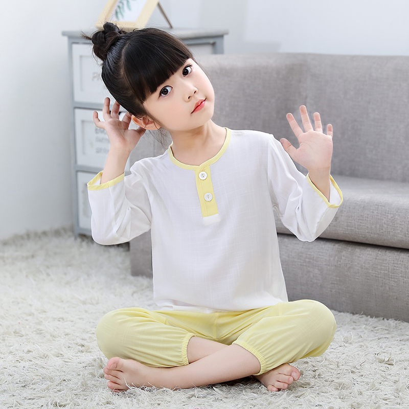 đồ ngủ cotton mùa hè childrens cô gái cậu bé mỏng dài tay quần áo em bé lụa mùa hè nhà phù hợp với không khí lạnh.