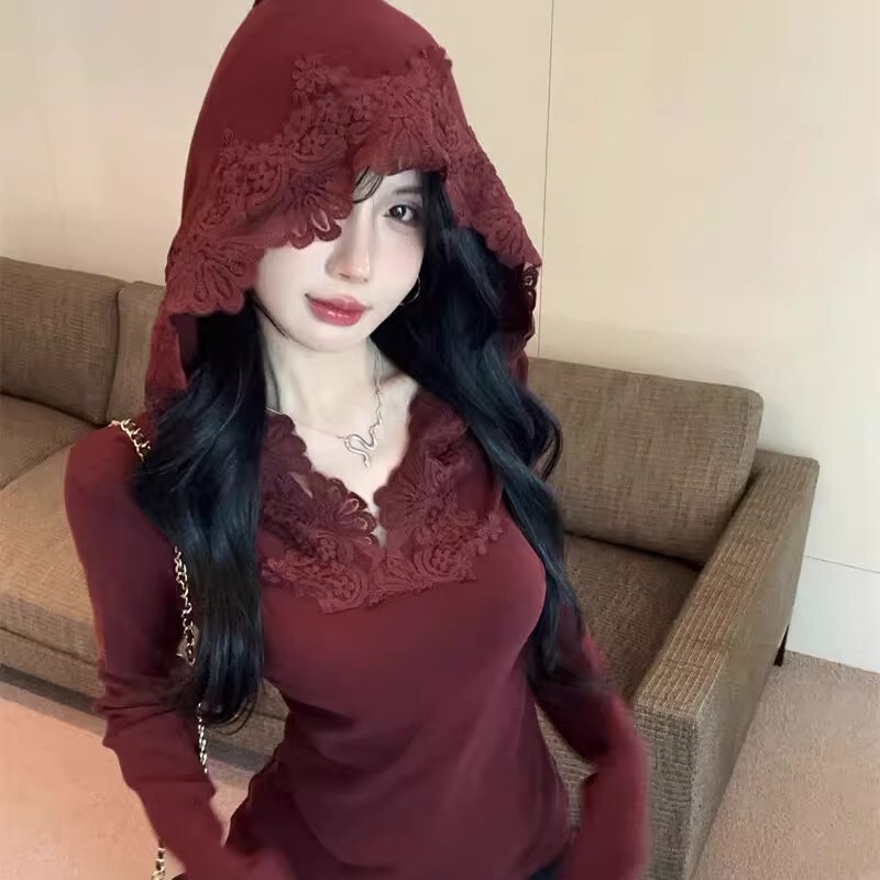 Anchora Red Hooded Long-Sleeve T-Shirt for Women, Autumn and Winter, Mature and Sexy Style, Lace-Trimmed Base Shirt for Layering
