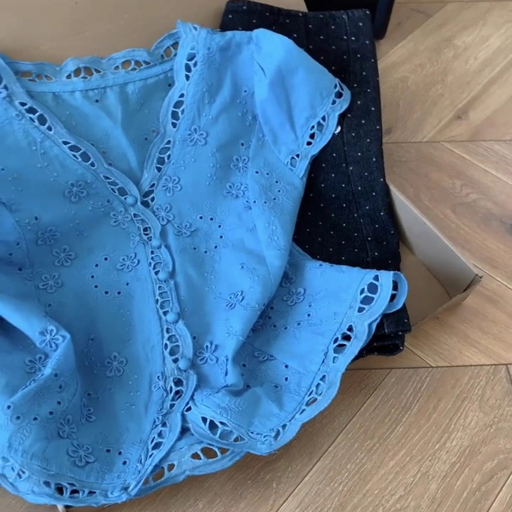 Sweet Embroidered Floral Hollow-Out Flutter Sleeve V-Neck Blouse for Women, Summer 2025 Lace Patchwork Loose Age-Reducing Top Sweet Embroidered Floral Hollow-Out Flutter Sleeve V-Neck Blouse for Women, Summer 2025 Lace Patchwork Loose Age-Reducing Top