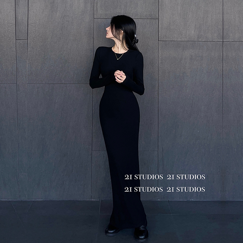 2026 Autumn/Winter New Style Affordable Pure Desire Sexy Slim Fit Bodycon Black Long Sleeve Dress Women's Long Skirt