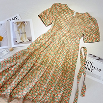 Geometric print bubble sleeve square collar dress 2021 summer dress Korean version Loose medium length French lace dress