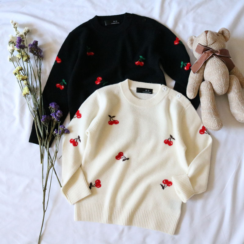 Girl cashmere sweatshirt pure handmade jacquard cherry close-fitting wearing baby sweater for autumn and winter warm round neckline with undershirt-Taobao