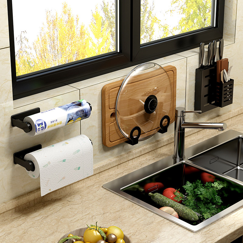 Kitchen paper towel rack free punch plastic wrap hanging rack Household roll paper shelf plastic bag storage shelf shelf wall hanging type