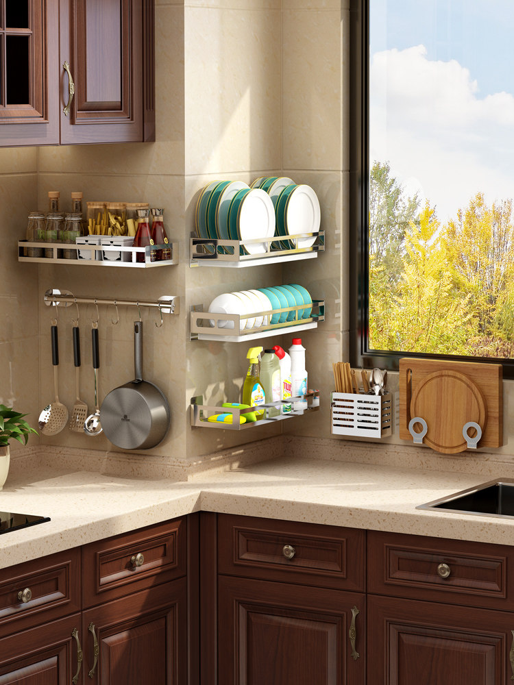 304 stainless steel kitchen shelf Wall-mounted bowl rack Knife rack storage artifact Seasoning seasoning tank shelf pylons