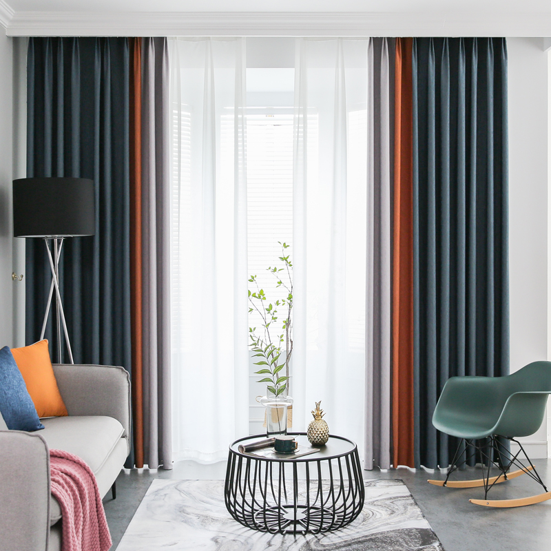 Nordic minimalist 2020 new ice linen sunscreen sun snow Neil light and upscale curtain living room pure color splicing