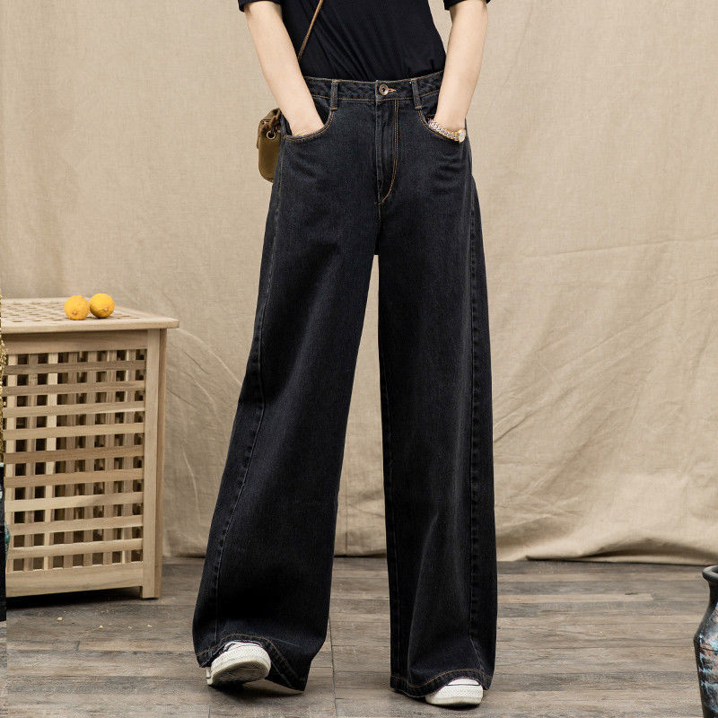 2026 Spring/Summer New Black Jeans for Women High-Waisted Straight-Leg Floor-Length Draped Wide-Leg Pants Loose and Comfortable Trendy