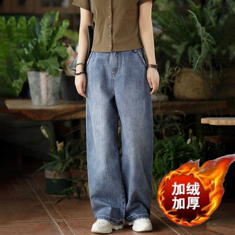 2026 Autumn and Winter Fleece-Lined Thickened Long Straight Jeans for Women, High-Waisted, Vintage, Versatile, Washed, Loose Wide-Leg Pants