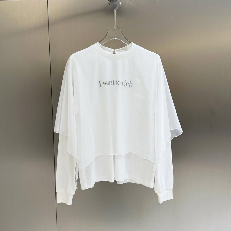 Fan Leona Design-Focused Niche Letter Slogan Print Fake Two-Piece Spliced T-Shirt for Women with Double-Layer Mesh Top