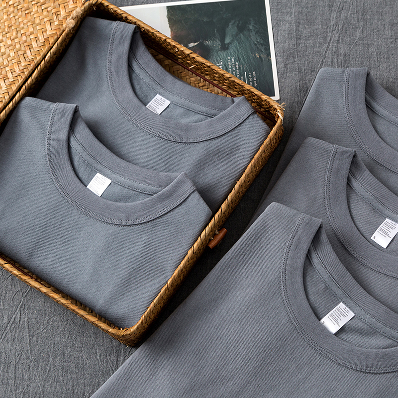 Three needles heavy round neck short-sleeved T-shirt unsaturated color mixed high-grade gray dark blue warship gray summer tee