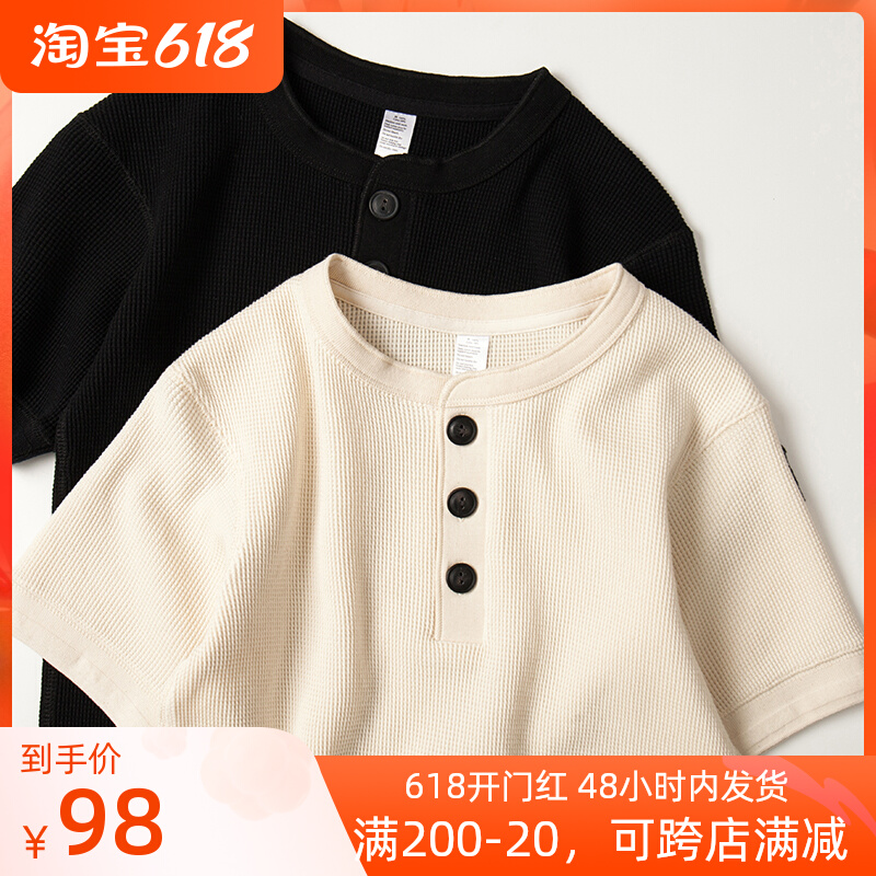 American vintage blockbuster T-shirt Cotton Waffle original cotton Off-white Henry collar tough guy style Ami Ka Ta short sleeves