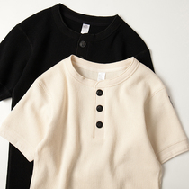 American retro heavy weight T-shirt cotton waffle raw cotton white Henry collar hard Han style Ami Kar short sleeve