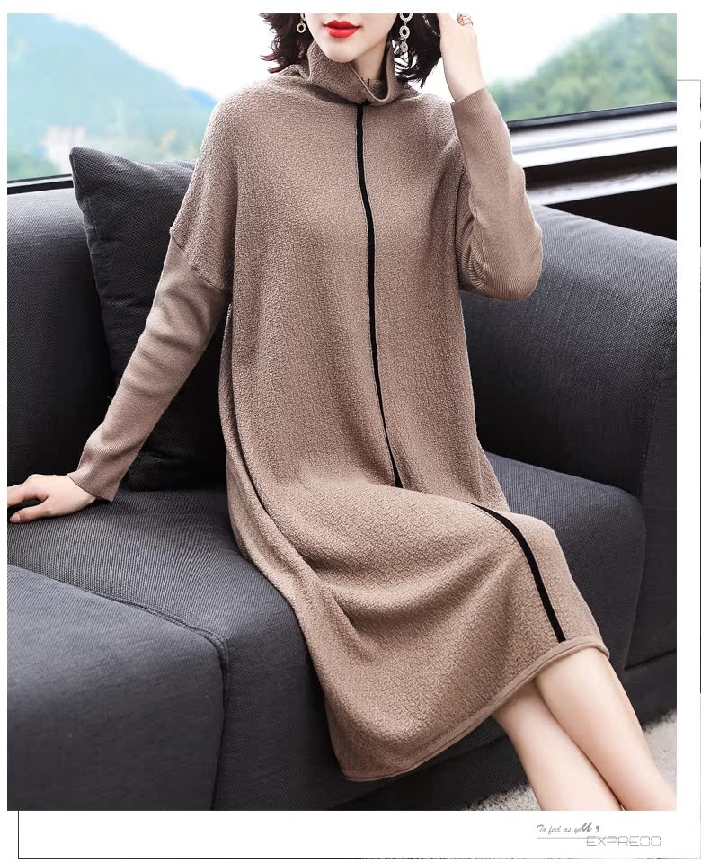 Nina nổi 2018 mùa đông mới của phụ nữ chồng chất áo len cổ áo dài đoạn trên đầu gối lỏng đan dưới váy áo đầm dự tiệc tuổi 50