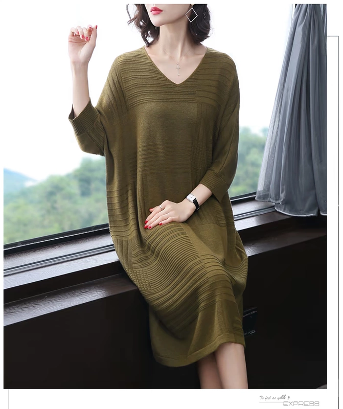 Nina nổi 2018 mùa thu mới v-cổ thiết lập của đơn giản ladies casual casual loose đan áo len váy nữ các kiểu đầm nhung đẹp