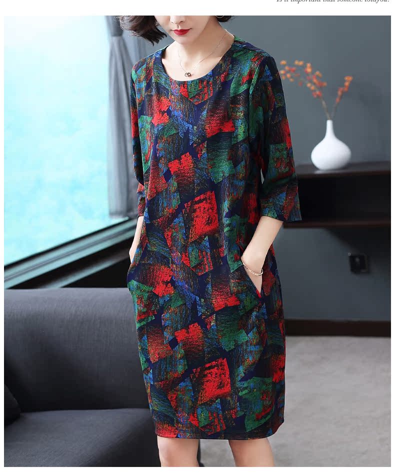 Nina nổi 2018 mùa thu mới của phụ nữ thời trang retro màu váy bảy- điểm tay áo lỏng eo một từ váy áo đầm dự tiệc tuổi 50
