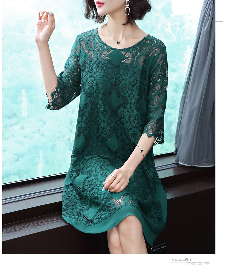 Nina nổi 2018 mùa thu mới nữ vòng cổ màu rắn bảy- điểm tay áo ren váy lỏng eo thanh lịch một từ váy váy dự tiệc cưới