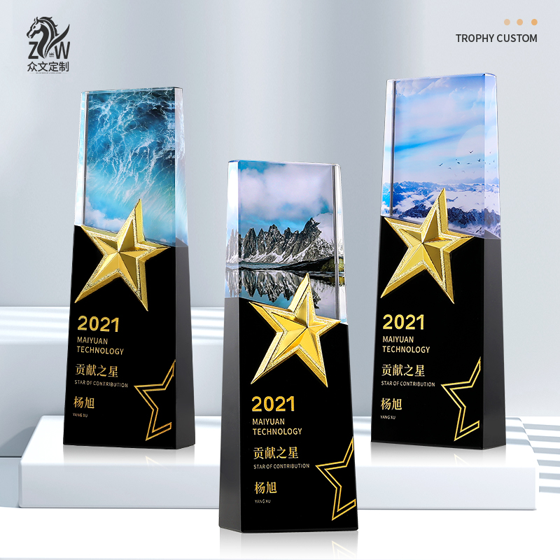 Enterprise Employees Crystal Trophy Custom New Color Pentagram Creative Medal Making Embroidered Badge Honor Authorization Card