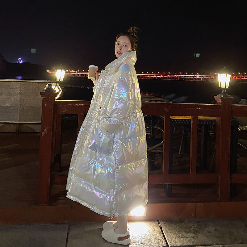 Bright Face Dazzling Laser Bread Plume Cotton Clothing Fairy winter medium long version over knee Waist Version Loose-free cotton Clothing