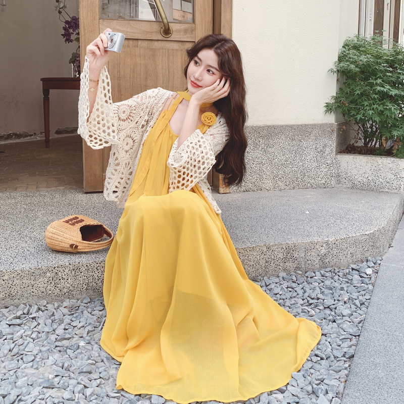 Bohemian Resort Style Hollow-Out Cover-Up Halter Dress Set for Women, Summer French Gentle Style Ankle-Length Dress