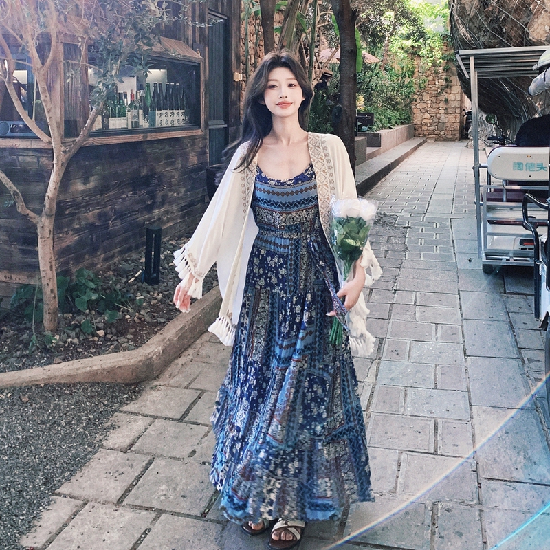 Bohemian Ethnic Style Floral Suspender Tassel Shawl Suit for Women Summer Seaside Resort Style Thai Mini Skirt