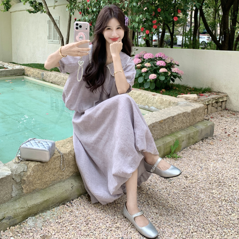 Purple Doll Collar Color-Blocked Puff Sleeve Floral Top and Skirt Set, Two-Piece Outfit for Women, Very Beautiful for Summer