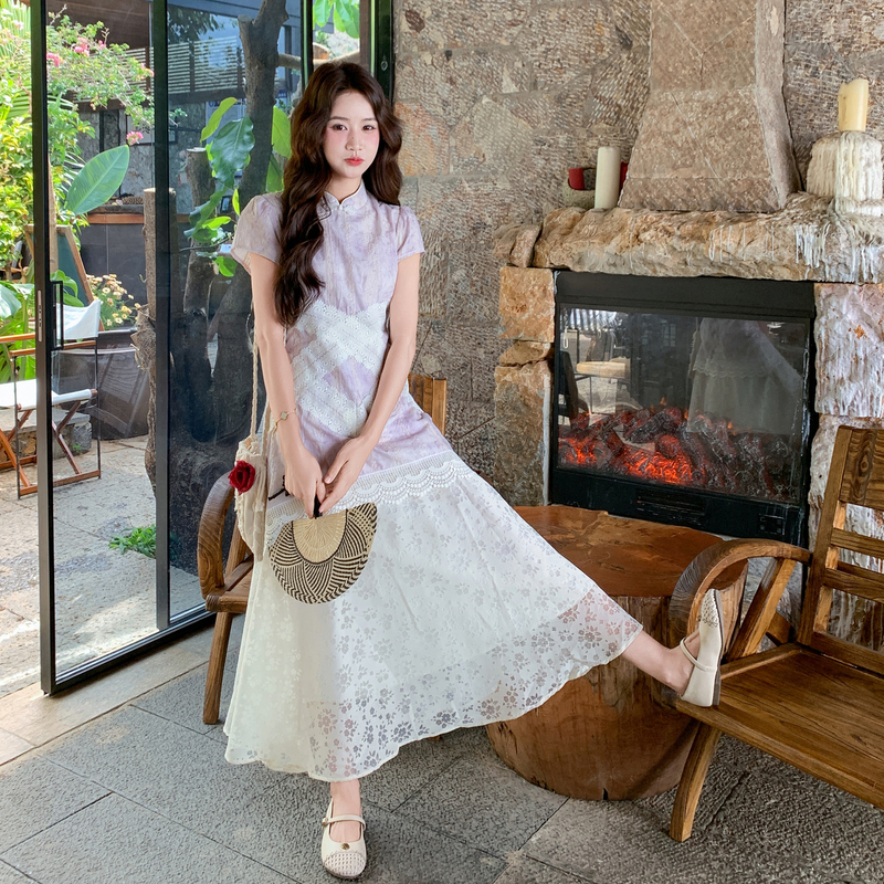 Purple Lace Splicing Modified Cheongsam Fake Two-Piece Dress for Women, Especially Beautiful in Summer, Lace Splicing Long Dress