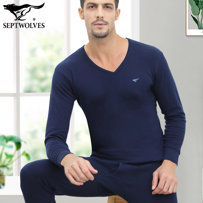 Septwolves Men's Thin Cotton Thermal Underwear Set with Low Collar Shirt and Pants