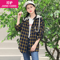 Female big child shirt spring and autumn 12 cotton 13 long sleeve 14 shirt 15 year old girl hooded polished Plaid Shirt shirt