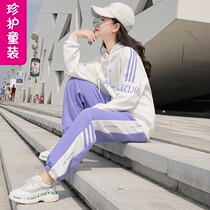 Zhongdadong autumn suit winter suit plus velvet sports leisure foreign atmosphere hooded autumn dress girl childrens sweater two-piece set