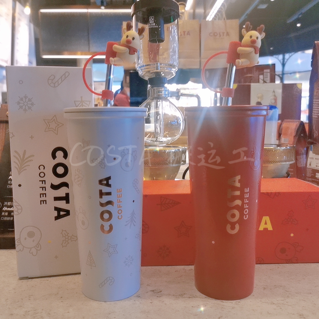 costa straw cup insulated stainless steel water glass portable accompanying cup with lid coffee cup mesh red large capacity 710ml