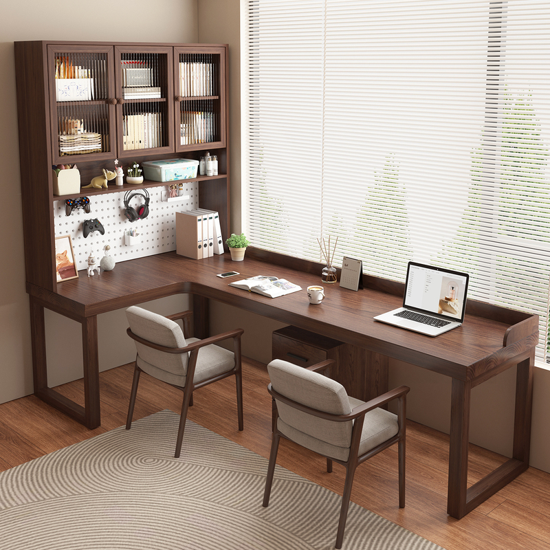 Black Walnut Color Solid Wood Corner Desk with Integrated Bookshelf and Cabinet for Home Use, L-Shaped Computer Desk, Corner Office Desk, Study Desk