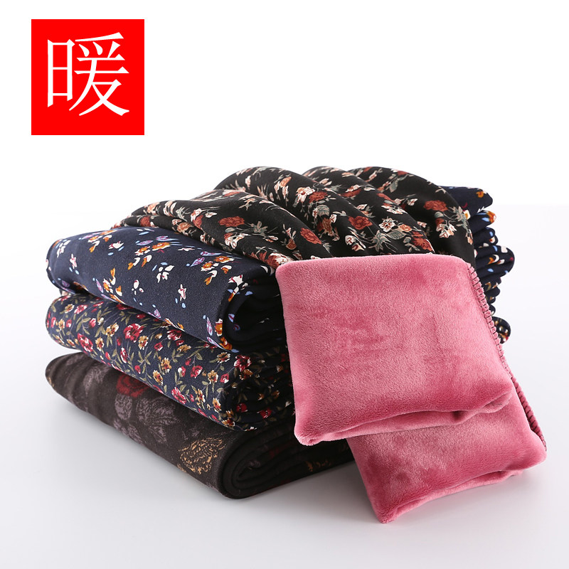 Women's cotton pants plus velvet medium-thick bottoming mother high-waist warm thin velvet pants middle-aged and elderly large size outer wear flower cotton pants autumn and winter