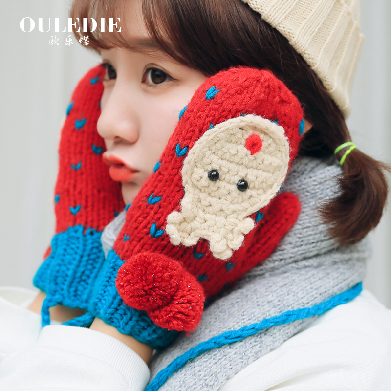 Cartoon Cashmere Gloves Female Winter Cute Korean Version Warm Thickened Lovers Gloves Students Bike Hanging Neck All Finger Gloves
