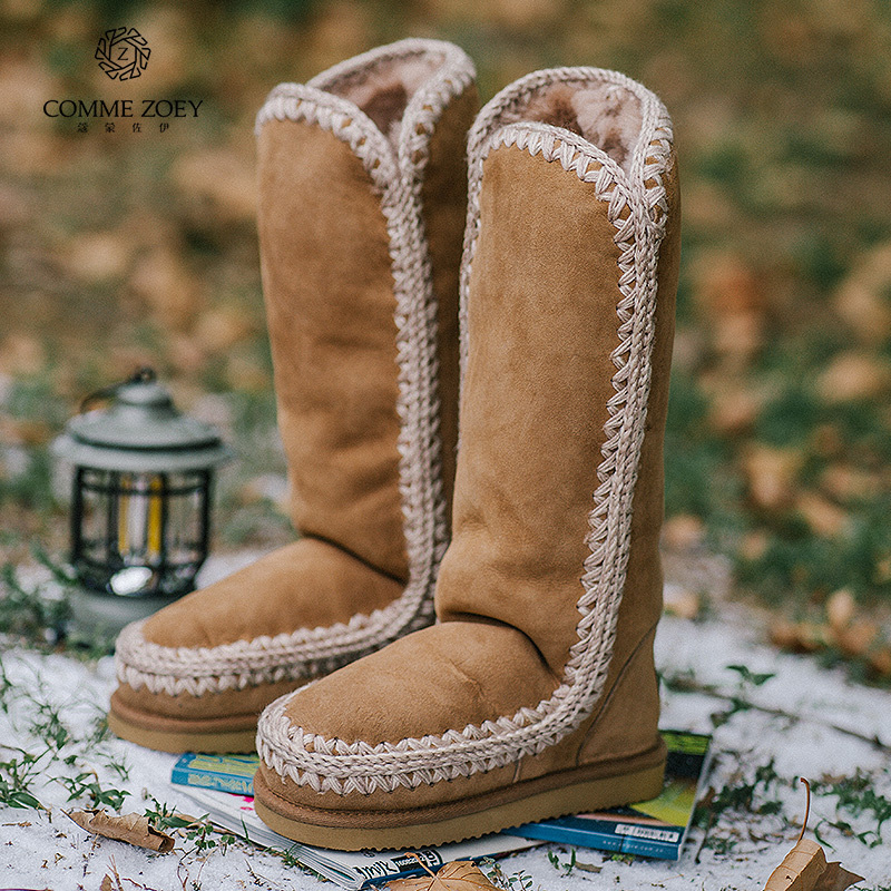 European and American Style Height-Enhancing High Boots, Warm Eskimo 40cm Sheepskin Integrated Snow Boots for Women