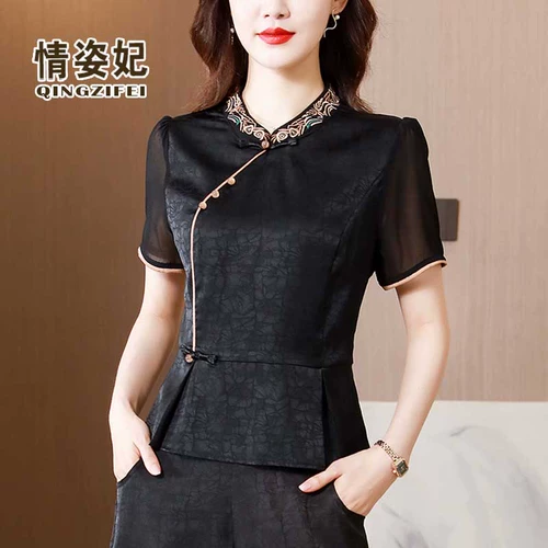 Черная ретро футболка с коротким рукавом, приталенный короткий корсет, китайский стиль, с вышивкой, коллекция 2023