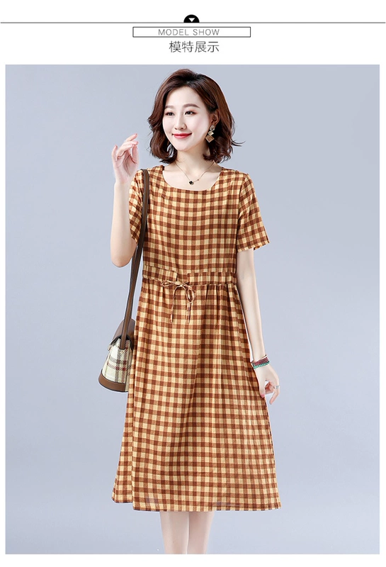 Mùa hè 2020 cộng với size của phụ nữ cotton và vải lanh kẻ sọc ngắn tay retro văn học lỏng lẻo đầm ren - Váy dài