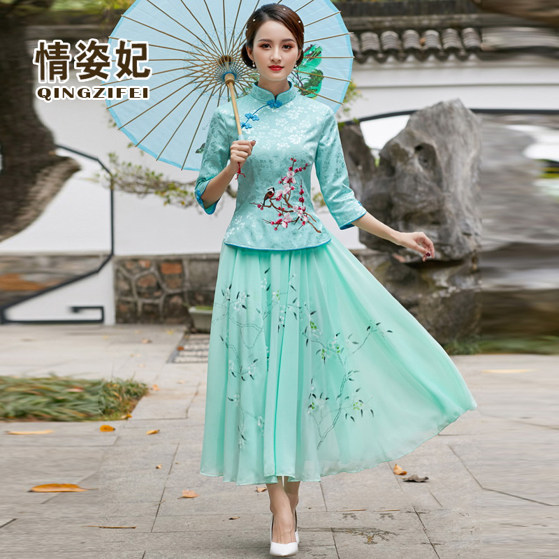 gió của Trung Quốc đang lớn Han quần áo retro thêu quần áo trà kiểu Trung Quốc Tang kiểu quốc gia gió cải tiến áo sườn xám hai mảnh hè