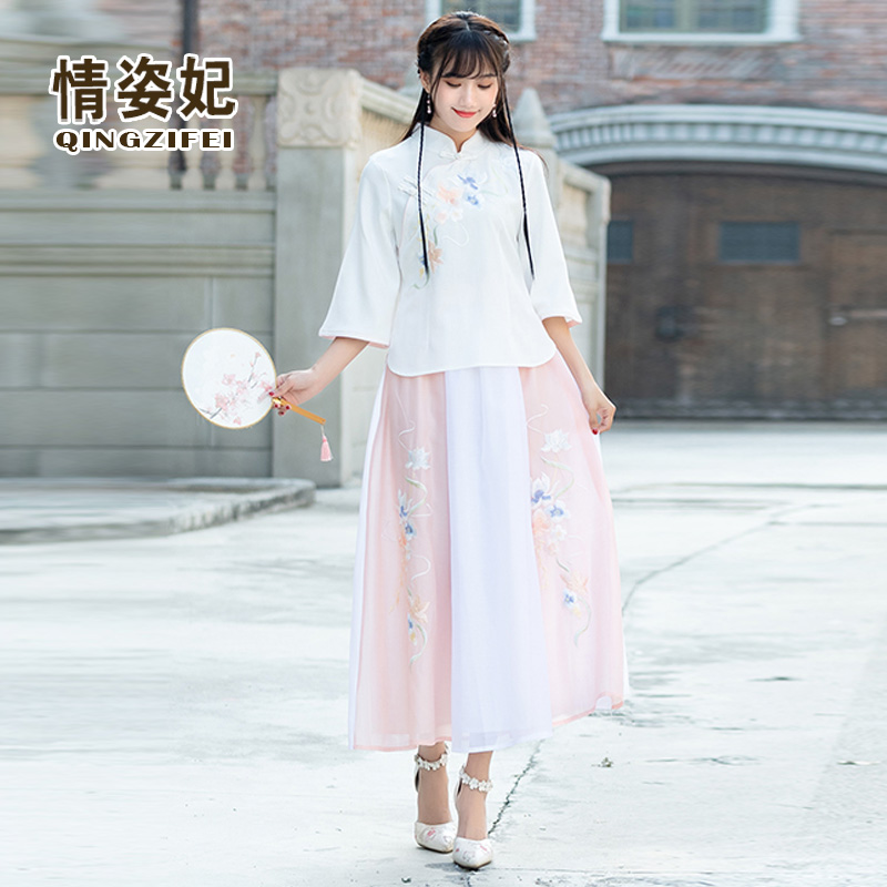 Han ăn mặc sinh viên mật ong nữ mặc Trung Hoa Dân Quốc được cải thiện sườn xám hai mảnh bộ Trung Quốc Tang váy áo khoác gió của Trung Quốc quần áo trà retro